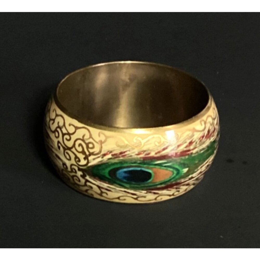 Wide Brass Bangle Bracelet with Multicolor Enamel Peacock Motif